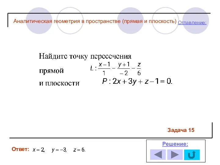 Ответ: Решение: Оглавление: Задача 15 Аналитическая геометрия в пространстве (прямая и плоскость)