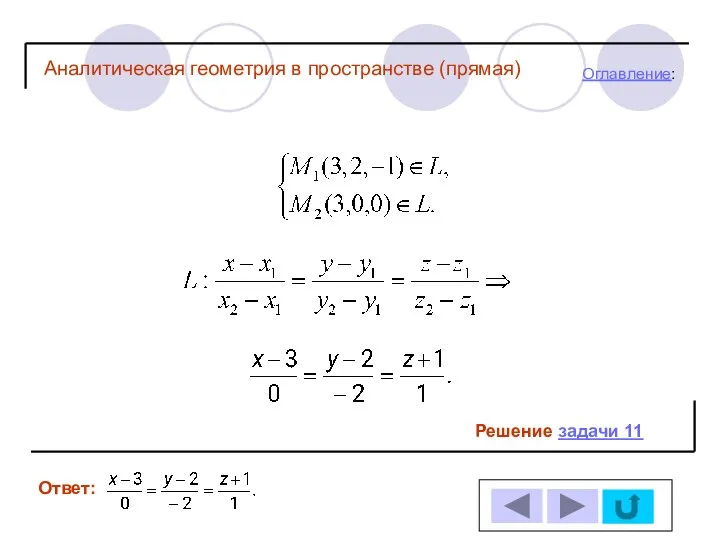 Решение задачи 11 Ответ: Оглавление: Аналитическая геометрия в пространстве (прямая)
