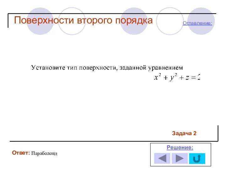 Ответ: Решение: Оглавление: Задача 2 Поверхности второго порядка Параболоид