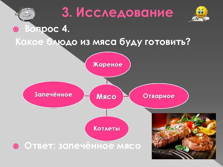 3. Исследование Вопрос 4. Какое блюдо из мяса буду готовить? Ответ: запечённое мясо